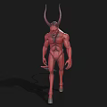 Game And Movie Character Red Demon With Large Horns Muscular Body And Tail