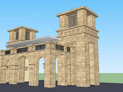 Classical Stone Entrance Gate With Twin Towers And Archway Design 3d model