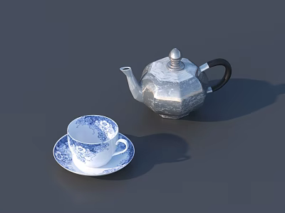 Elegant Tea Set with Silver Metallic Teapot and Blue White Floral Cup Saucer 3d model