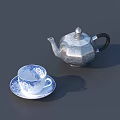 Elegant Tea Set with Silver Metallic Teapot and Blue White Floral Cup Saucer