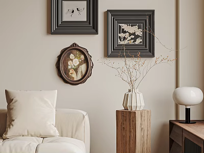 Abstract Painting Framed On Wall With Beige Sofa Wooden Vase And Table Lamp 3d model