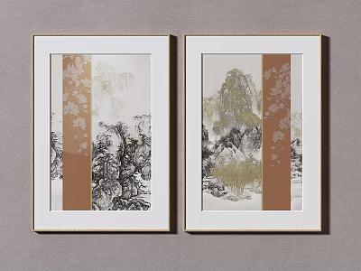 Two Framed Chinese Style Paintings With Mountain Scenery Trees And Brown Stripes 3d model