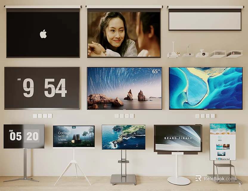 Smart Modern Television Sets With Floor And Wall Mounts Displaying Scenic Art And Time 3d model 
