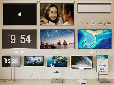 Smart Modern Television Sets With Floor And Wall Mounts Displaying Scenic Art And Time 3d model