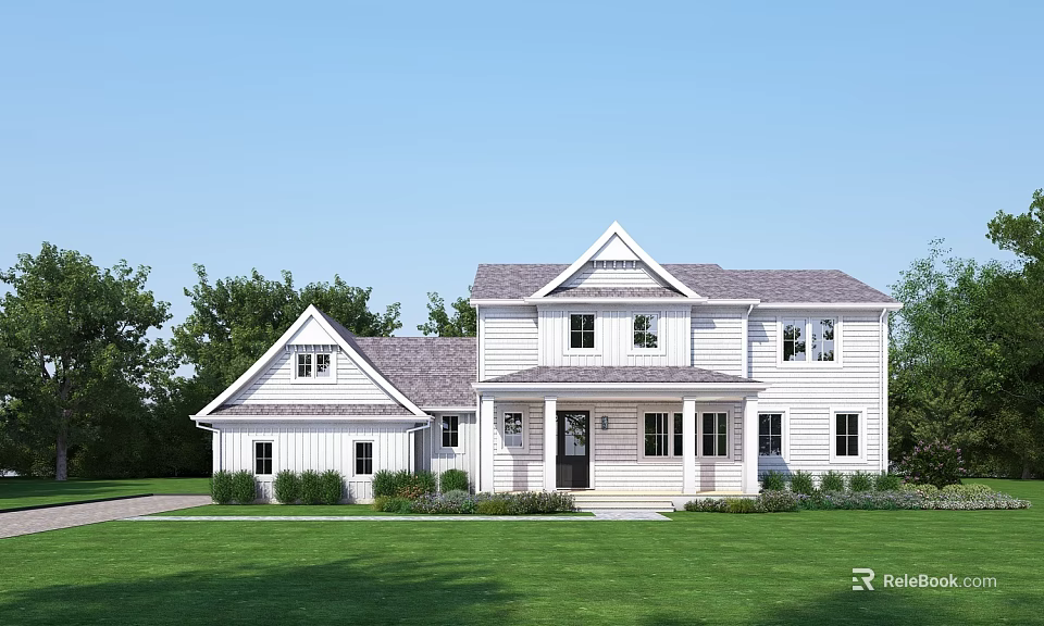 White Single Family House With Gray Roof Green Lawn And Porch Trees 3d model 