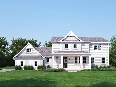 White Single Family House With Gray Roof Green Lawn And Porch Trees 3d model