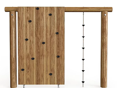 Wooden Playground Equipment Featuring Climbing Wall With Black Holds And Hanging Rope For Kids 3d model