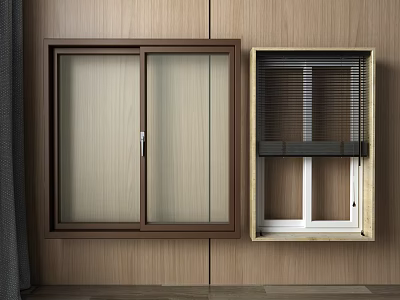 Casement Windows Brown and Beige Wooden Frames Double Sash Glass Blinds Interior Wooden Wall 3d model