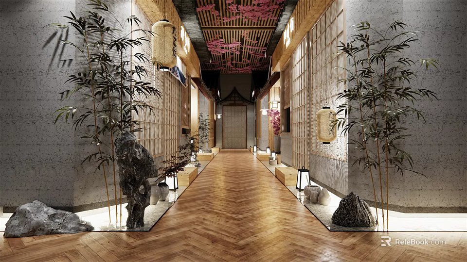Traditional Hotel Corridor With Wooden Floor Bamboo Plants Decorative Stones Lanterns And Cherry Blossom Ceiling 3d model 