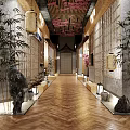 Traditional Hotel Corridor With Wooden Floor Bamboo Plants Decorative Stones Lanterns And Cherry Blossom Ceiling