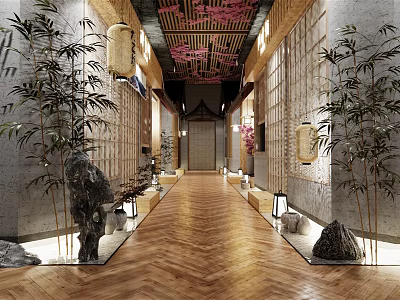 Traditional Hotel Corridor With Wooden Floor Bamboo Plants Decorative Stones Lanterns And Cherry Blossom Ceiling 3d model