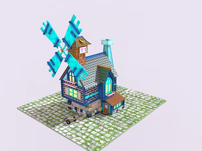 Traditional Ancient Building With Blue Windmill Brown Roof Chimney Wooden Windows And Paved Ground 3d model