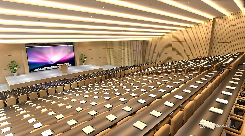 University Lecture Hall with Rows of Desks Chairs Lectern Large Screen and Modern Lighting 3d model 