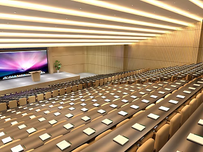 University Lecture Hall with Rows of Desks Chairs Lectern Large Screen and Modern Lighting 3d model