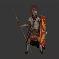 Traditional Roman Soldier in Shiny Metallic Armor Wearing Red Plumed Helmet Holding Spear and Shield