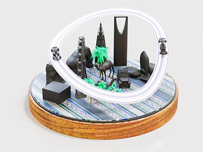 Decorative Miniature Scene With Circular Wooden Base Mirror Black Structures Green Plant And Zebra Figure 3d model