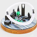 Decorative Miniature Scene With Circular Wooden Base Mirror Black Structures Green Plant And Zebra Figure