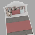 White Double Bed With Pink And Grey Diamond Pattern Quilt Striped Pillows And Teddy Bear