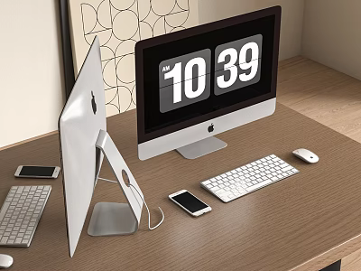 Modern Desktop Computer Setup With Dual Monitors Keyboards Mice And Smartphones On Wooden Office Desk 3d model