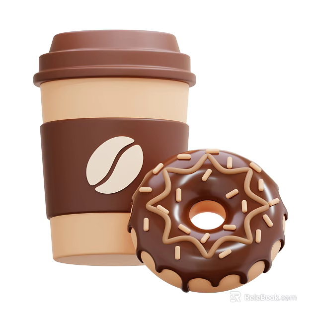 Delicious Chocolate Donut With Glaze And Brown Coffee Cup With Bean Logo 3d model 