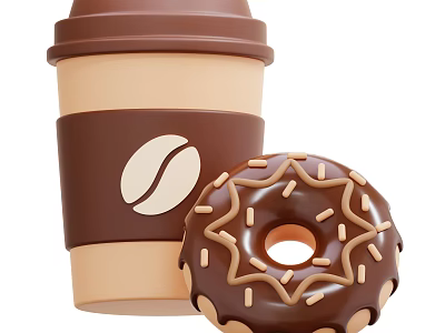 Delicious Chocolate Donut With Glaze And Brown Coffee Cup With Bean Logo 3d model
