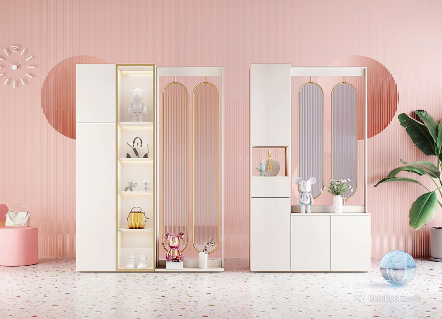 Modern White Shoe Cabinet With Glass Doors In Pink Background Interior And Decorative Plants Ornaments 3d model 