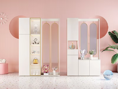 Modern White Shoe Cabinet With Glass Doors In Pink Background Interior And Decorative Plants Ornaments 3d model