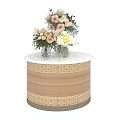 Round Light Brown Decorative Cabinet With White Marble Top Geometric Patterns And Floral Bouquets