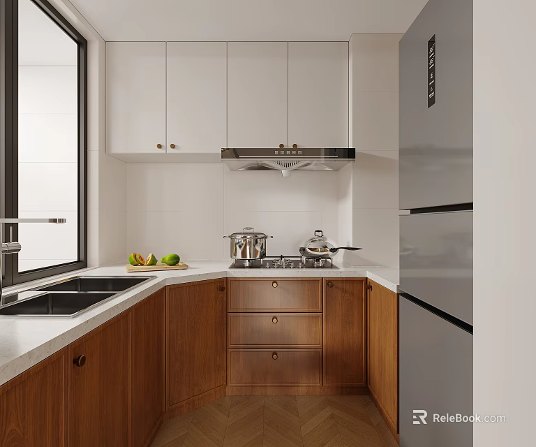 Bright Modern Two Tone L Shaped Kitchen With Wooden Cabinets Full Appliances And Natural Light 3d model 