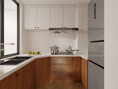 Bright Modern Two Tone L Shaped Kitchen With Wooden Cabinets Full Appliances And Natural Light 3d model