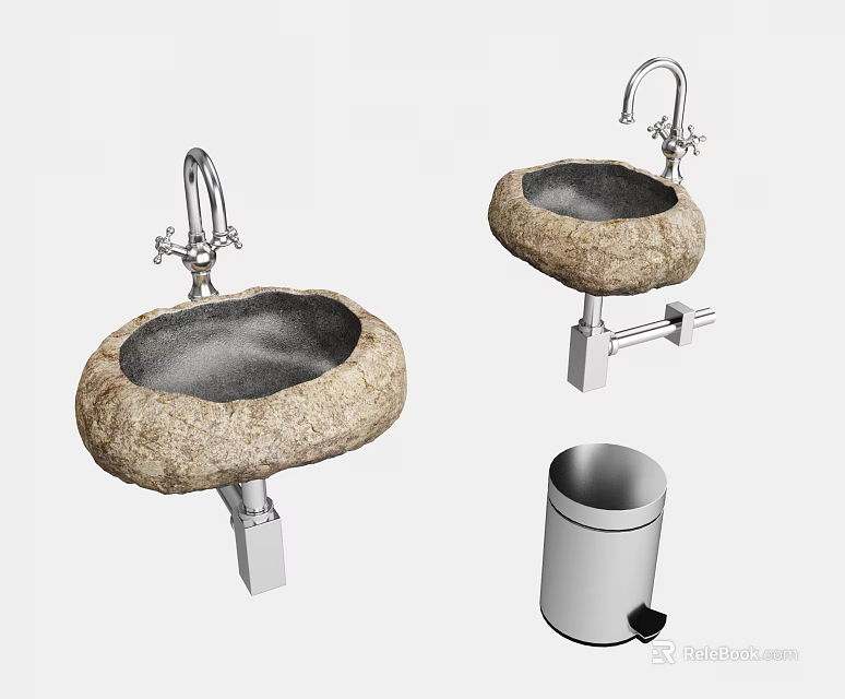 Wall Mounted Natural Stone Wash Basin With Chrome Faucet And Waste Bin 3d model 