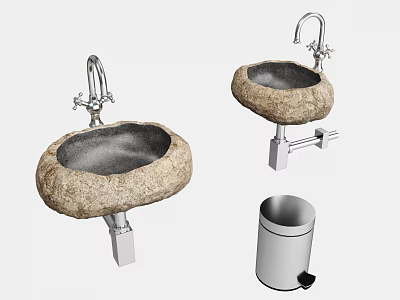Wall Mounted Natural Stone Wash Basin With Chrome Faucet And Waste Bin 3d model
