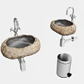 Wall Mounted Natural Stone Wash Basin With Chrome Faucet And Waste Bin