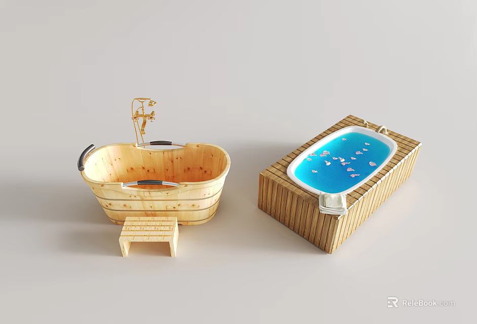 Wooden Bathtubs Featuring Oval With Shower Step Stool And Rectangular With Blue Water Decorations 3d model 