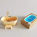 Wooden Bathtubs Featuring Oval With Shower Step Stool And Rectangular With Blue Water Decorations 3d model
