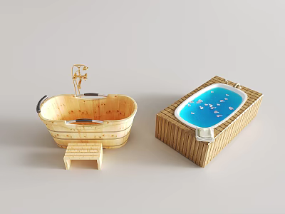 Wooden Bathtubs Featuring Oval With Shower Step Stool And Rectangular With Blue Water Decorations 3d model