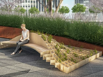 Modern Wooden Outdoor Chair With Wave Design And Built-in Plants In Urban Park 3d model
