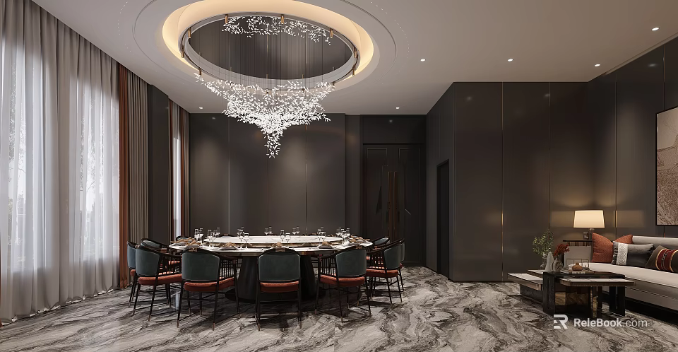 Luxurious Private Dining Room With Round Table Chandelier Dark Walls And Marble Flooring 3d model 