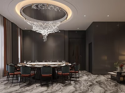 Luxurious Private Dining Room With Round Table Chandelier Dark Walls And Marble Flooring 3d model