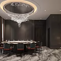 Luxurious Private Dining Room With Round Table Chandelier Dark Walls And Marble Flooring