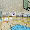 Modern Basketball Gym Interior With Wooden Floor Yellow Lines Blue HOOPS Text And Hanging Lights