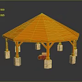 Orange Octagonal Outdoor Pavilion With Stone Columns And Reflective Ground Surface