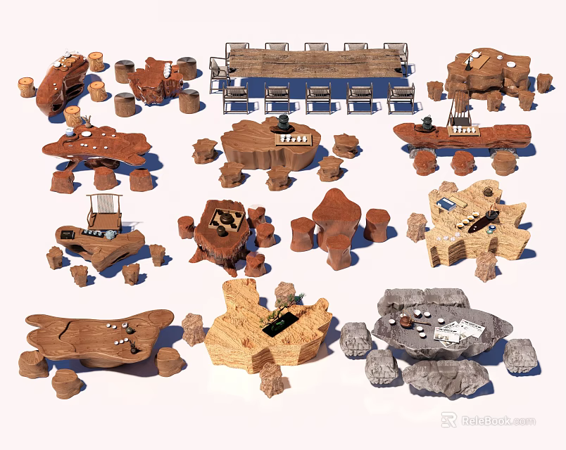 Various Creative Wooden Coffee Tables With Natural Stone Bases And Unique Styles 3d model 