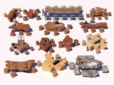 Various Creative Wooden Coffee Tables With Natural Stone Bases And Unique Styles 3d model