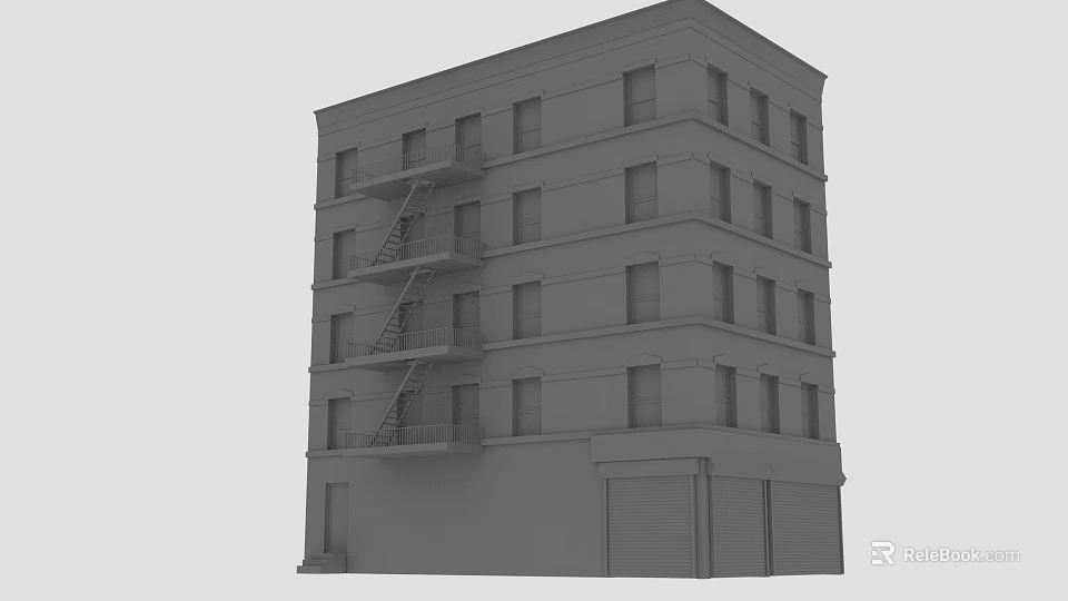 Multi Story Urban Building Exterior With Balconies Fire Escape And Roll Up Doors 3d model 