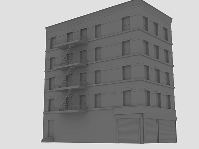 Multi Story Urban Building Exterior With Balconies Fire Escape And Roll Up Doors 3d model