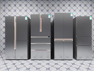 Modern Refrigerators With Various Door Styles And Dark Finish Displayed In Tiled Interior 3d model