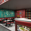 Traditional Chinese Rice Noodle Shop In Mall With Red Decor Dining Tables And Wall Art