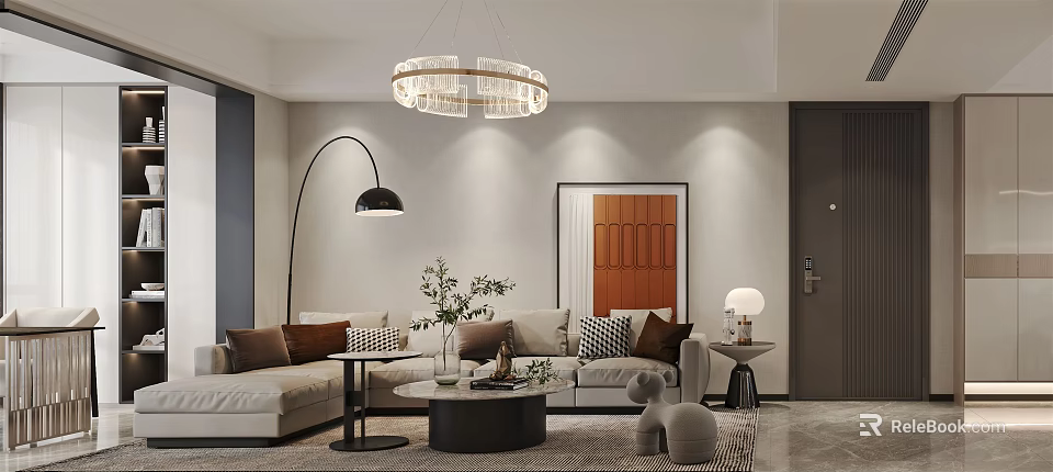 Modern Living Dining Room Interior With Beige Sofa Brown Cushions Crystal Chandelier Gray Rug 3d model 