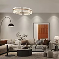Modern Living Dining Room Interior With Beige Sofa Brown Cushions Crystal Chandelier Gray Rug